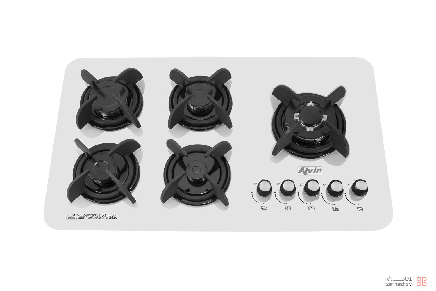 اجاق گازشیشه ای پنج شعله سفید آلوین مدلAG312